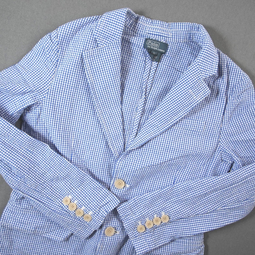 Polo Ralph Lauren Gingham Seersucker Coastal Nautical 2-Button Women Blazer 12